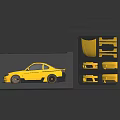 Yellow Car Model in Open Box with Compartments Holding Various Car Parts