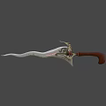 Ornate Fantasy Weapon With Golden Carved Designs Red Glowing Skull On Blade And Brown Handle