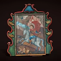 Vintage Religious Figure Painting Madonna With Child Jesus In Ornate Green Red Frame