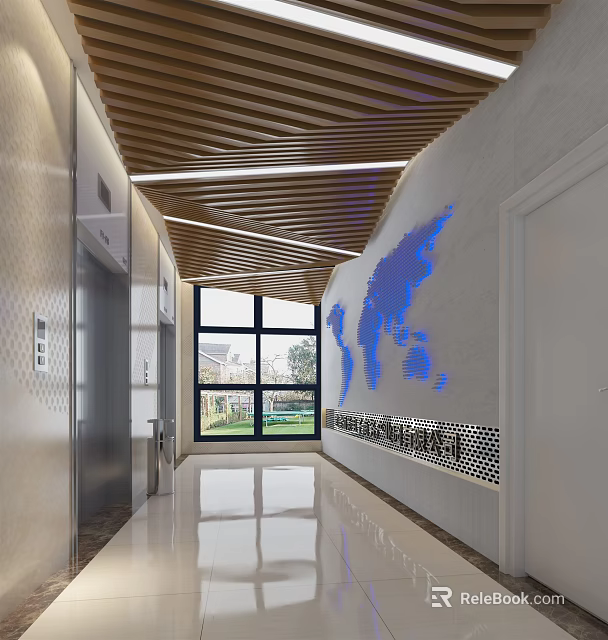 Elevator Hallway With Wooden Ceiling Blue World Map Design Large Window And Shiny Floor 3d model