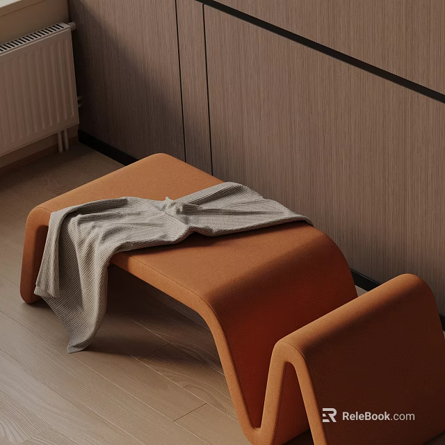 Modern Orange Sofa Stool with Gray Blanket on Wooden Floor and Wall 3d model 