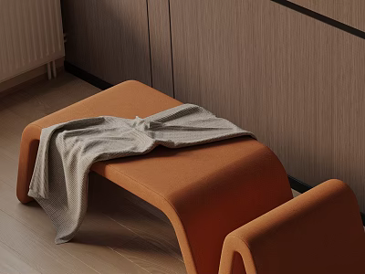 Modern Orange Sofa Stool with Gray Blanket on Wooden Floor and Wall 3d model