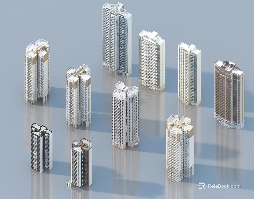 Multiple Tall Modern High Rise Residential Buildings With Contemporary Exterior Design 3d model 