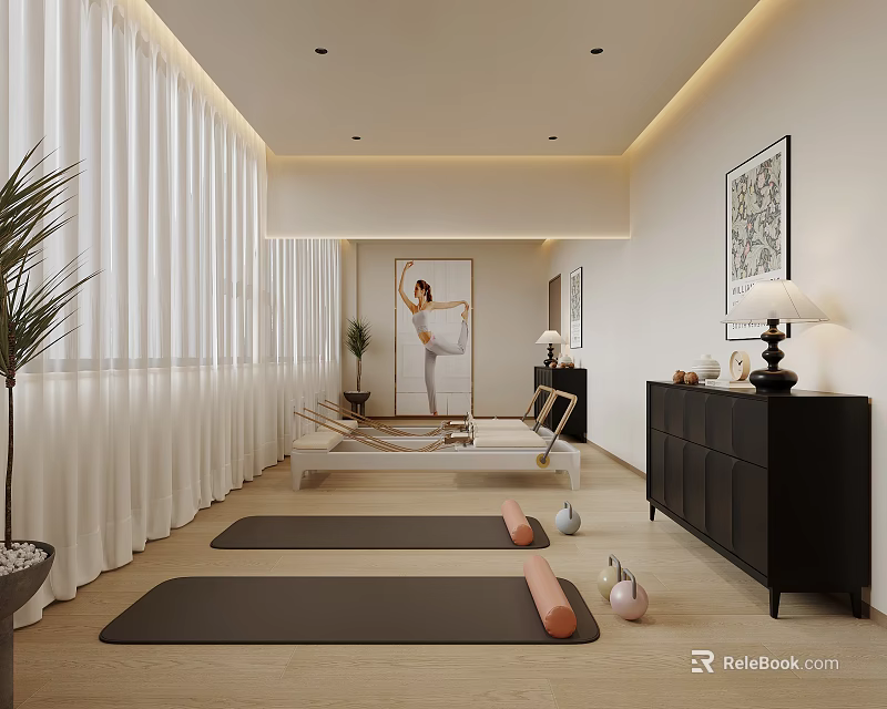 Home Fitness Studio With Yoga Mats And Equipment In Bright Room 3d model 