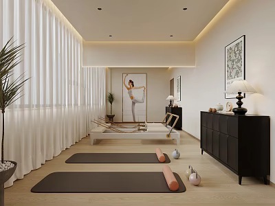 Home Fitness Studio With Yoga Mats And Equipment In Bright Room 3d model