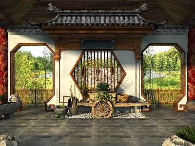 Traditional Chinese Building Exterior Wall With Wooden Frame Carved Windows And Roof 3d model