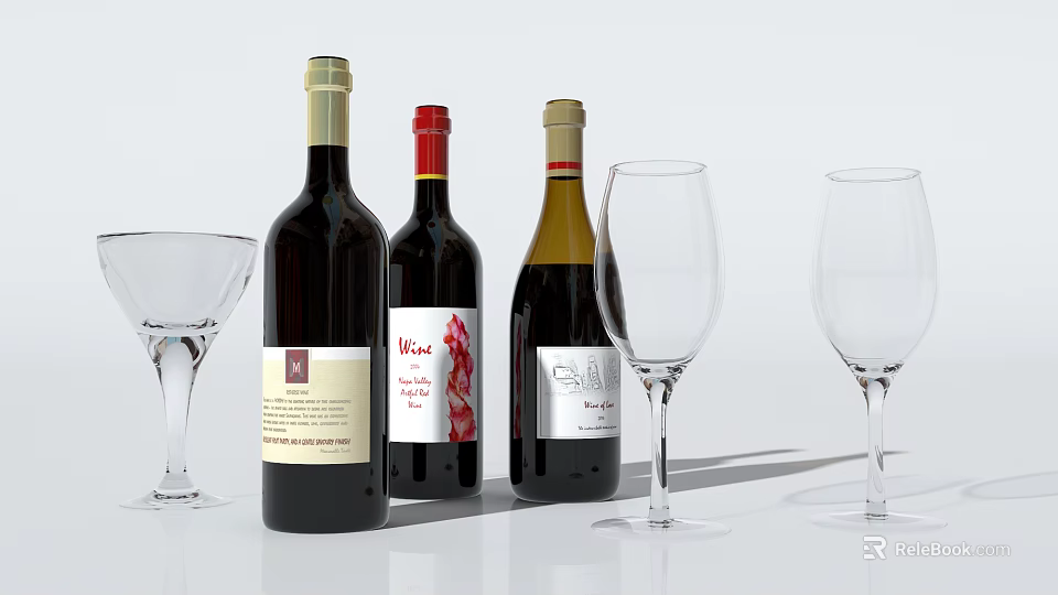 Elegant Wine Bottles And Glasses Display With Various Labels On White Background 3d model