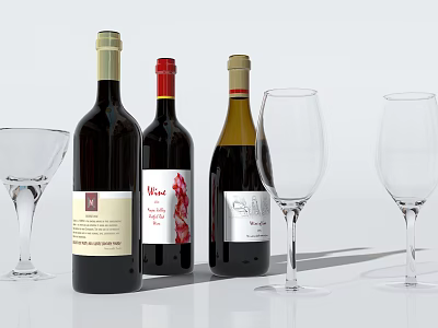 Elegant Wine Bottles And Glasses Display With Various Labels On White Background 3d model