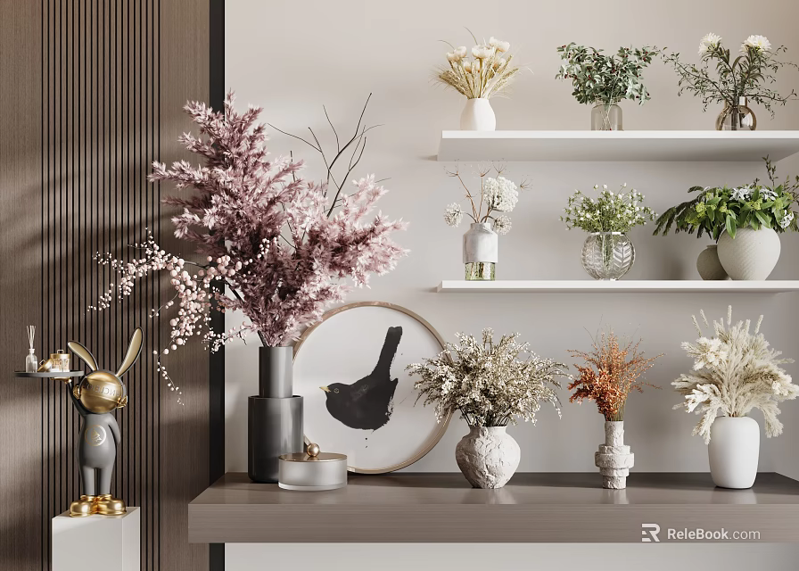 Decorative Vases With Floral Arrangements Pink Blossoms Green Plants And Dried Flowers On Shelves 3d model 