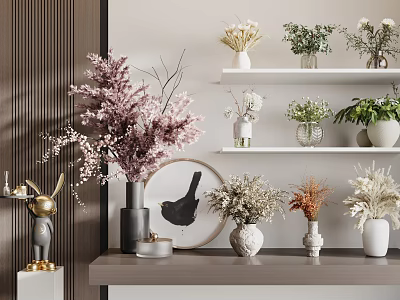 Decorative Vases With Floral Arrangements Pink Blossoms Green Plants And Dried Flowers On Shelves 3d model