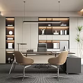 Modern Office Interior Design With Desk Two Beige Chairs Bookshelves Plants And Windows