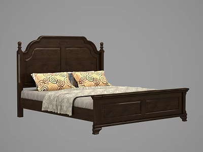 Classic Wooden Double Bed With Carved Headboard Patterned Pillows And Light Blanket 3d model