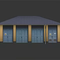 Small Utility Building With Blue Roof Yellow Walls Multiple Blue Doors And Windows With Reflection