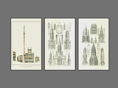 Detailed Landscape Paintings Featuring Three Panels Of Architectural Sketches And Classical Towers 3d model