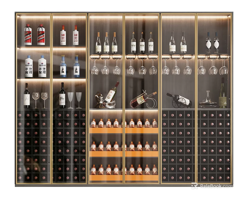 Modern Wine Cabinet with Glass Doors Multiple Shelves Wine Bottles Wine Glasses and Lighting 3d model 