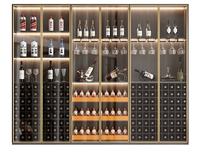 Modern Wine Cabinet with Glass Doors Multiple Shelves Wine Bottles Wine Glasses and Lighting 3d model