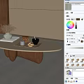 Modern Minimalist Coffee Table With Oval Top Wooden Legs And Tray Holding Vase Cups