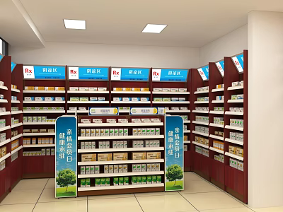 Well Organized Pharmacy Store Interior With Shelves Full Of Medicines And Promotion Counter 3d model
