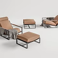 Modern Brown Upholstered Lounge Chair Set With Black Metal Frame And Ottoman