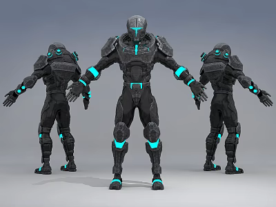 Smart Robot With Black Exoskeleton And Blue Luminous Accents Three Angles 3d model