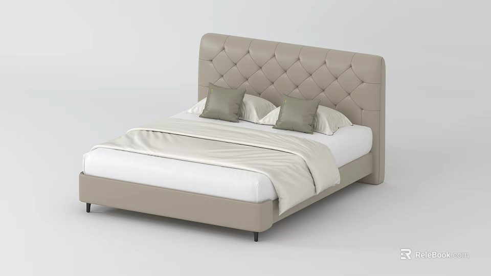 Beige Modern Bed Frame With Tufted Headboard And Grey Pillows 3d model