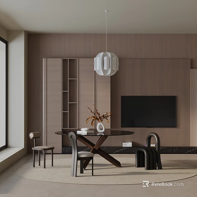 Modern Dining Table Set With Wooden Wall Pendant Light TV Wall And Decorative Chairs 3d model 