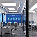 Modern Control Room with Blue Digital Screens Workstations and Glowing Lights