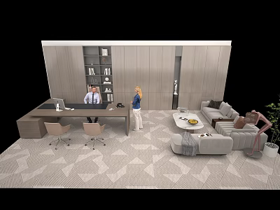 Modern Office Desk Setup With Computer Sofa Coffee Table And Bookshelf Area 3d model