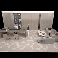 Modern Office Desk Setup With Computer Sofa Coffee Table And Bookshelf Area