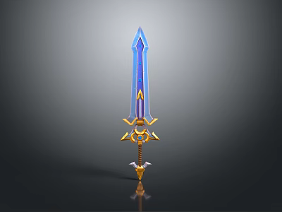 Fantasy Blue Sword with Golden Hilt Decorations and Reflective Blade on Dark Background 3d model