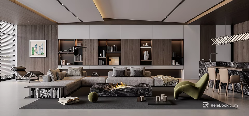 Modern Living And Dining Room Interior With Gray Sofa Bookshelves Fireplace And Green Armchair 3d model 