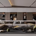 Modern Living And Dining Room Interior With Gray Sofa Bookshelves Fireplace And Green Armchair