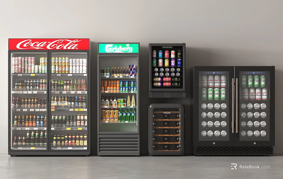 Commercial Glass Door Refrigerators And Freezers Stocked With Various Beverages For Retail 3d model 