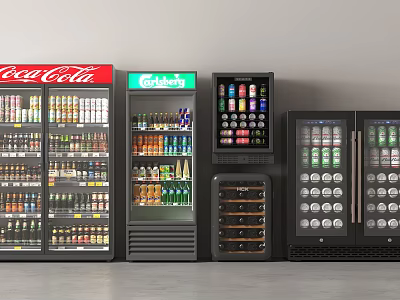 Commercial Glass Door Refrigerators And Freezers Stocked With Various Beverages For Retail 3d model