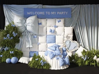 Floral Decoration Setup For Party With Blue White Theme Welcome Sign Pillows And Bows 3d model