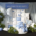 Floral Decoration Setup For Party With Blue White Theme Welcome Sign Pillows And Bows
