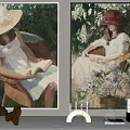 Portrait Paintings Showing Girls in Hats Reading on Wicker Chairs with Green Background and Flowers