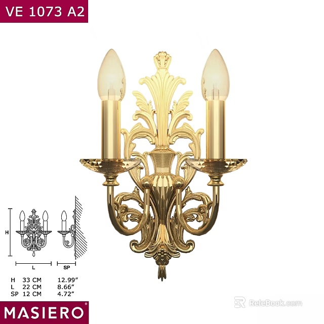 Elegant Classical Golden Wall Lamp With Double Holders 33cm Height 12.9cm Width 3d model 