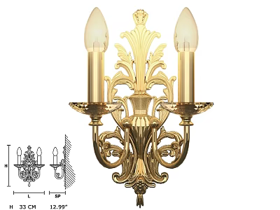 Elegant Classical Golden Wall Lamp With Double Holders 33cm Height 12.9cm Width 3d model