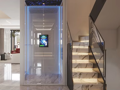 Modern Residential Elevator With Transparent Glass Display Screen And Staircase Nearby 3d model