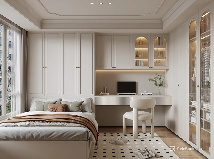 Modern White Bedroom Interior Design With Wardrobe Desk Computer And Plant Rug 3d model 
