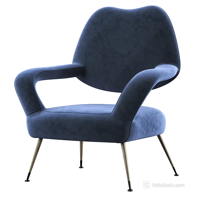 Modern Blue Velvet Leisure Chair With Curved Armrests And Gold Metal Legs 3d model 