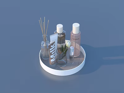 Stylish Daily Living Essentials on Round Tray with Reed Diffuser Sticks White Flower and Bottles 3d model