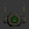 Futuristic Mechanical Creature With Green Smiley Screen Metallic Body And Wooden Support Brackets