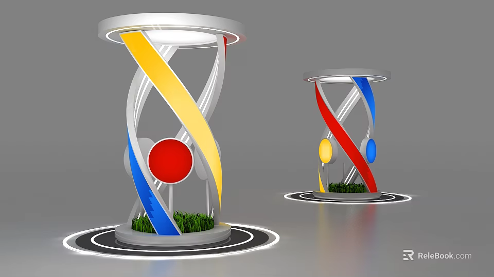 Modern Artistic Pillars With Spiral Colored Strips Yellow Blue Red And Green Grass Base 3d model 