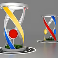 Modern Artistic Pillars With Spiral Colored Strips Yellow Blue Red And Green Grass Base