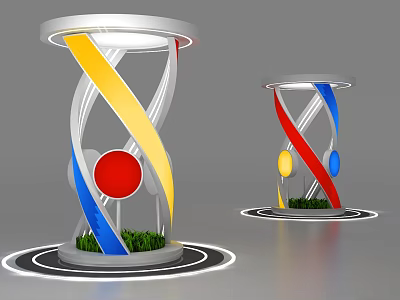 Modern Artistic Pillars With Spiral Colored Strips Yellow Blue Red And Green Grass Base 3d model