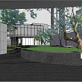 Modern Garden Landscape Design In Night Scene With Illuminated Trees And Water Feature