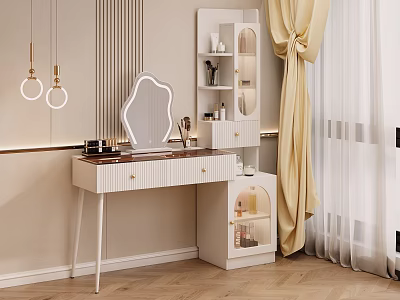 Elegant Modern Dressing Table Interior With Mirror Glass Door Cabinet And Pendant Lights 3d model