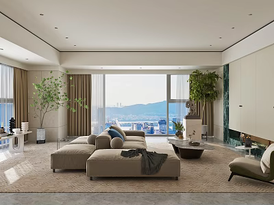 Modern Living Room Interior With Large Windows City Mountain View Beige Sofa Green Plants Rug 3d model